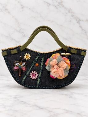 Mary Frances Black Denim Flower Butterfly Embellished Top Handle Bag